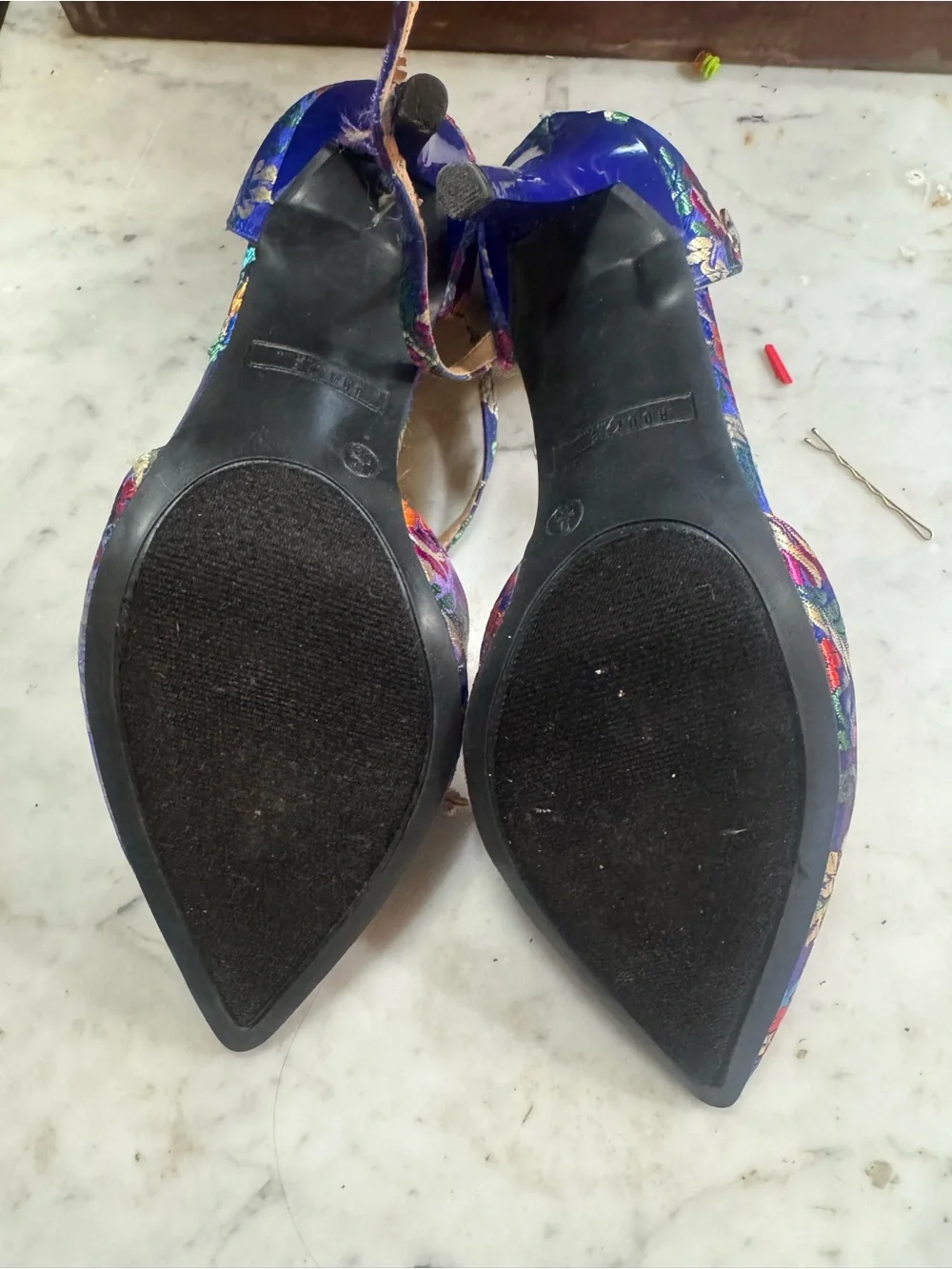 Women’s Blue Floral Ankle-Strap Pointed-Toe Heels